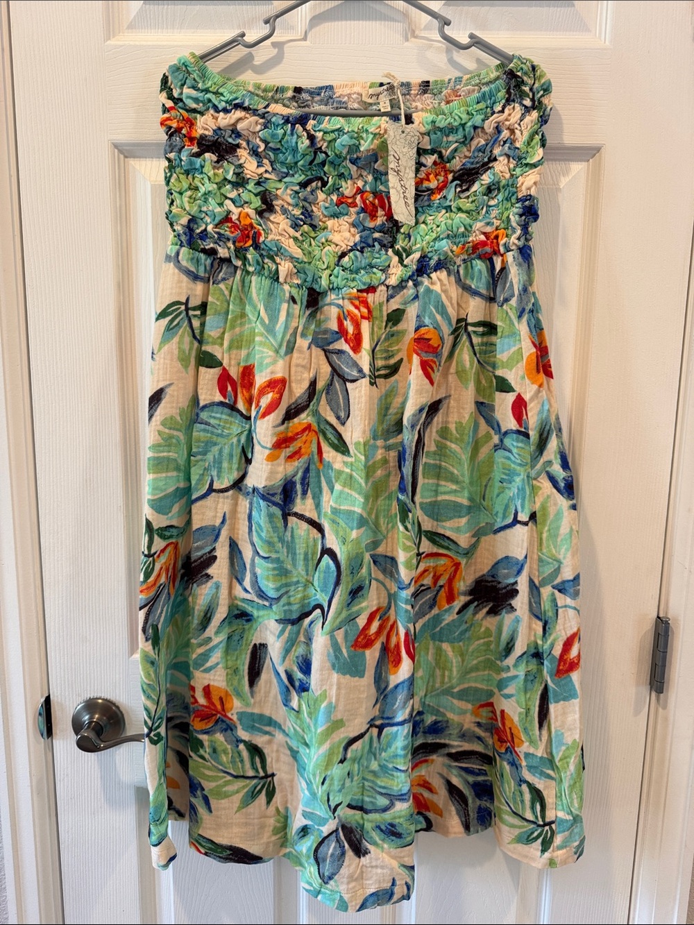 Mystree Strapless Tropical Print Dress in Teal, Green, Blue, Orange